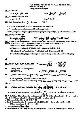 Đề kiểm tra thử học kỳ I - Năm học 2015 - 2016 môn Toán lớp 9